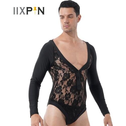 Mens Deep V Neck Button Closure Long Sleeve Bodysuit Jumpsuit See Through Floral Lace Patchwork Romper Nightclub Party Costumes