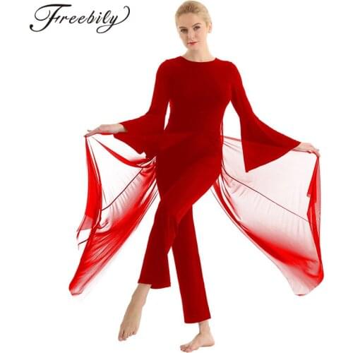 Adults One-piece Dancewear Long Flare Sleeves Mesh Overlay Culottes Ballet Leotard Gymnastics Womens Lyrical Dance Jumpsuit