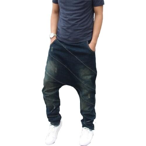 Men Hip Hop Harem Jeans Cotton Loose Baggy Denim Pants Elasitc Waist Stripe Patchwork Streetwear Joggers Casual Trousers
