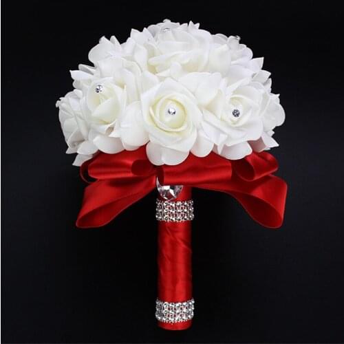 Artificial Flower Bridal Foam Flowers Red Ribbon Crystal Bouquets de noiva Handmade Classic white Bridal Bridesmaid Flower Weddi
