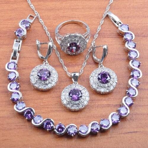 AAA+ Quality Jewelry Sets Women Costume Bridal jewelry Purple Cubic Zirconia Earrings Necklace Ring Bracelets JS0271
