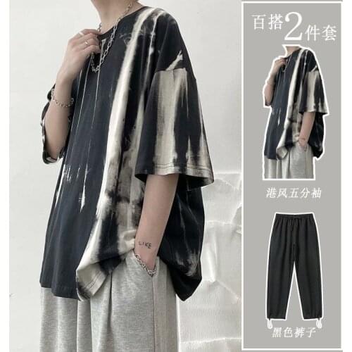 Preppy style suit mens sets summer 2021 new Korean fashion trend tie-dye o-neck T-shirt + casual loose ankle length pants suit