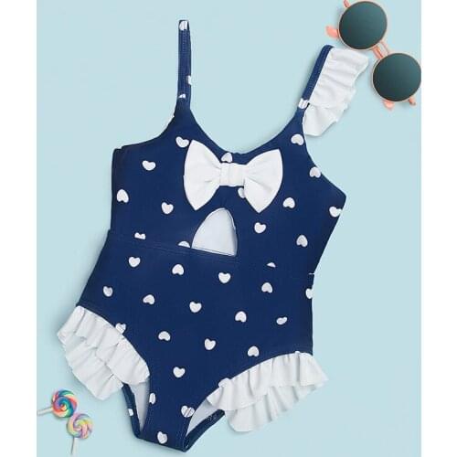 New 2021 Girls Swimsuit One Piece Fashion Cute Small Refreshing Ruffled Shoulder Strap Bow-Knot Kids Bikini