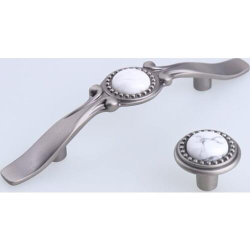 Single hole, 76mm white natural gem American style drawer tv cabinet knob pull 3" antique silver kitchen cabinet cupboard handle