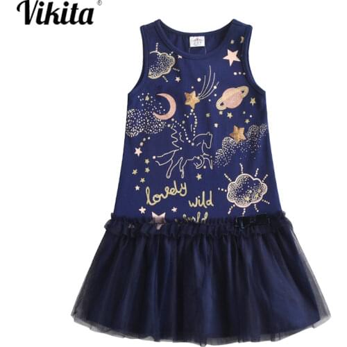 VIKITA Girls Dresses Summer Kids Sleeveless Cotton Vestidos Unicorn O-neck A-line Dress Children Princess Dresses for Girls