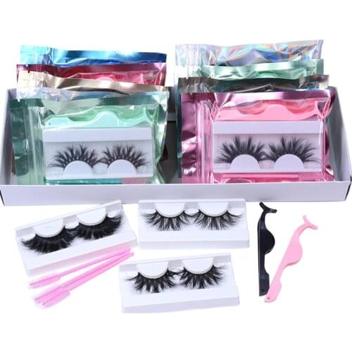 OKAYLASH 3 in 1 Long 25mm Real Mink Eyelashes with Colored Holigraphic Bag Free Tweezers and Brushes Fluffy Big Lashes