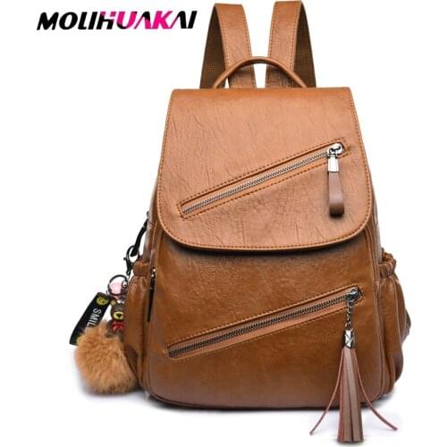 NEW Women Leather Backpacks With Cute Pendant Female Mochila Sac A Dos Women Travel Backpack Vintage Back Pack Female Bagpack