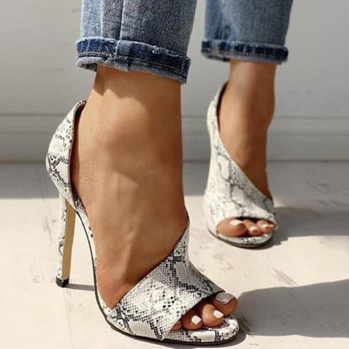 New fashion open toe high heel sandals female Roman snake pattern summer party shoes sexy stiletto sandals solid color