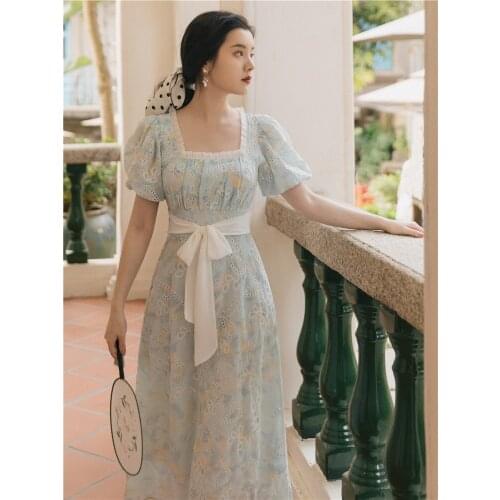 French Sweet Chiffon Embroidered Fairy Dress Summer Chic Mesh Square Collar Elegant Puff Sleeve Retro Vestidos