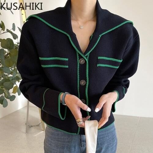KUSAHIKI Hit Color Turn-down Collar Sweater Coat Korean Causal Long Sleeve Knit Cardigan 2021 Autumn New Knitwear Jacket 6Z232