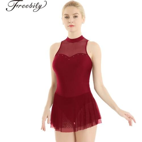 Mesh Splice Rhinestone Gymnastics Leotard Women Ballet Figure Skating Bodysuit Dress Adult Contemporary Lyrical Dance Costumes