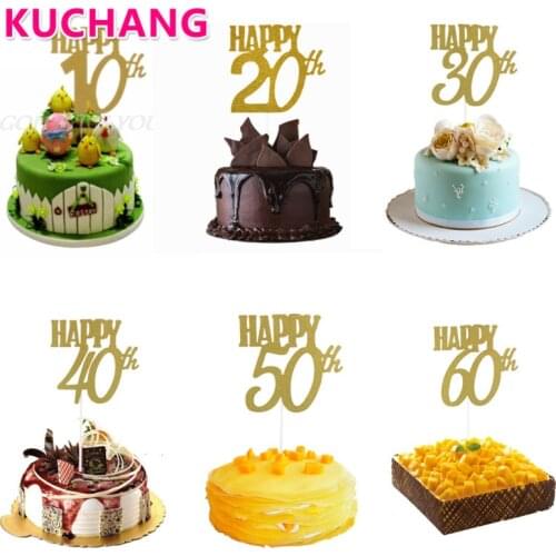1PC Home Cake Happy 10th 20th 30th 40th 50th 60th Cupcake Flag Topper Card Birthday Party Cake Flag DIY Decoration Prop Supplies