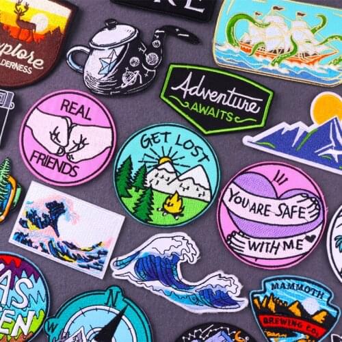 Wave Patch Adventure Travel Embroidered Patches For Clothes Mountain Camping Badge Outdoor Stripe Iron On Patches For Clothing