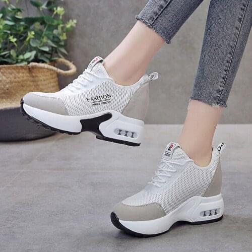 New Women Summer Mesh Platform Sneakers Trainers White Shoes 10CM High Heels Wedges Outdoor Shoes Breathable Casual Shoes Woman