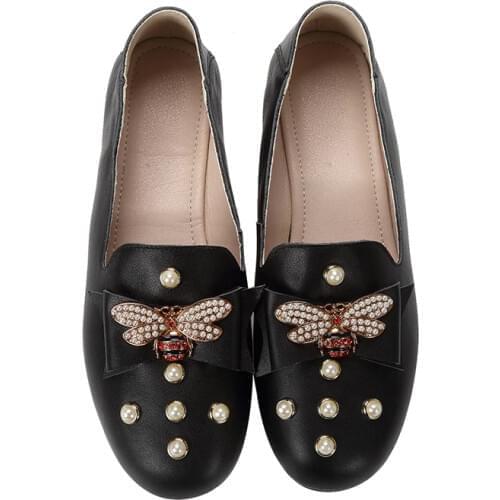 Koovan Womens Flats Single Shoes Real Leather 2020 Spring Womens Shoes Big Size Soft Bottom Rhinestone Bee Round Head