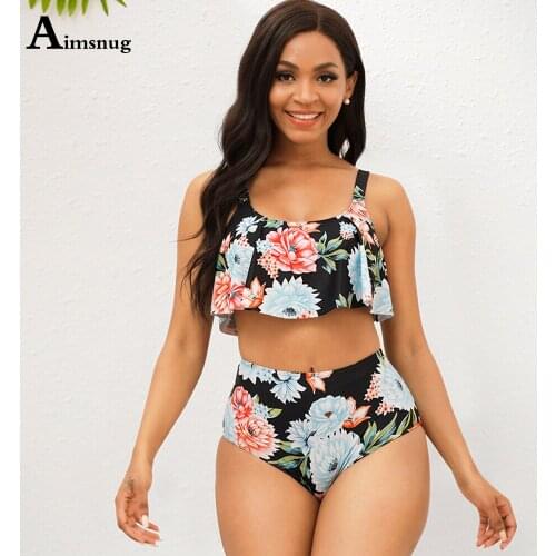 High Waist Women Ruffled Swimsuit Sexy Femme Clothing 2021 Summer CROP TOP Boho Flower Print Bathing Suits Two Pieces Outfits