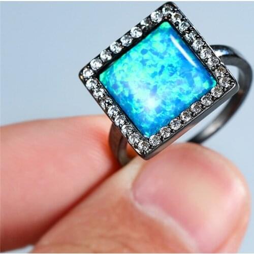 Female Promise Love Square Ring Cute Female Blue Opal Stone Ring Vintage Black Gold Wedding Rings For Women Engagement Jewelry