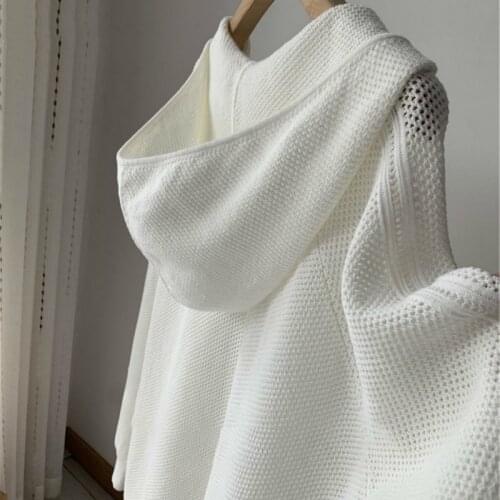 Causal Hollow Out Hooded Sweater Coat Women Causal V Neck Long Sleeve Oversized Knittwear 2021 Autumn Thin White Pullover Jumper
