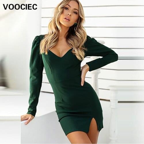 VOOCIEC Sexy bag with split buttocks Simple commuter dress Work suit style Long sleeve slim dress cheongsam dress