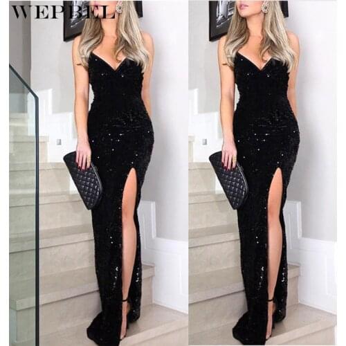 WEPBEL Womens Luxurious Sparkling Prom Dress V Neck Perspective Sequins Evening Party Dress Side Split Formal Long Sexy Dress