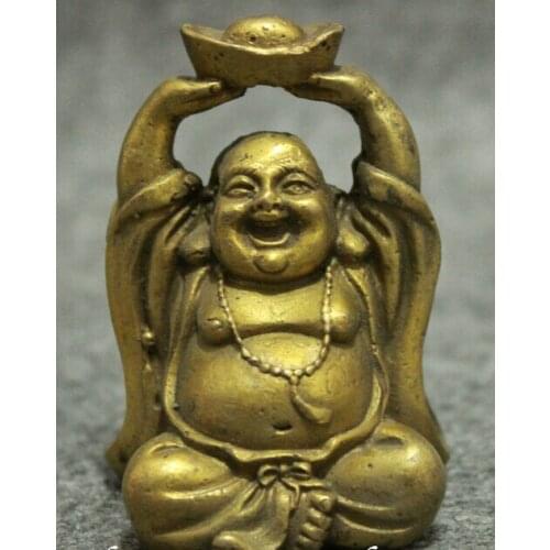 18Chinese Buddhism Brass Wealth YuanBao Sitting Happy Laugh Maitreya Buddha Statue