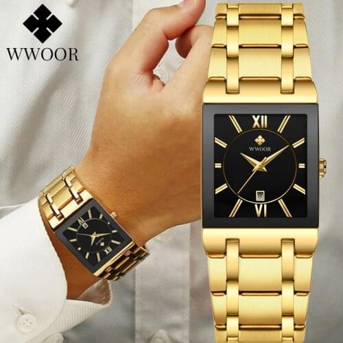 2021 WWOOR Fashion Stainless Steel Watches Men Square Waterproof Quartz Watch Men Top Brand Luxury Gold Black Wristwatch For Man