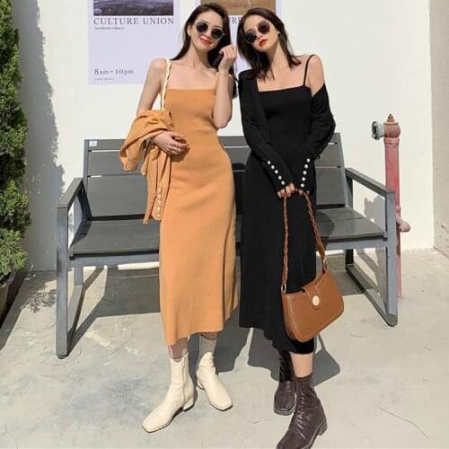 One-Piece Summer Women Vintage Fashion Autumn Knitted Dress French Temperament Suspenders Slim Sweaters Robe Femme Dresses Coat