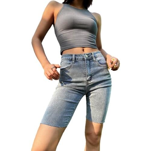 Breathable Ladies Cycling Fifth Denim Pants Summer Girls Fashionable Rough Selvedge High Waist Casual Denim Middle Trousers