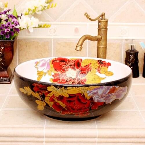 China Painting cordate telosma Ceramic Painting Art Lavabo Bathroom Vessel Sinks Round counter top hair wash sink