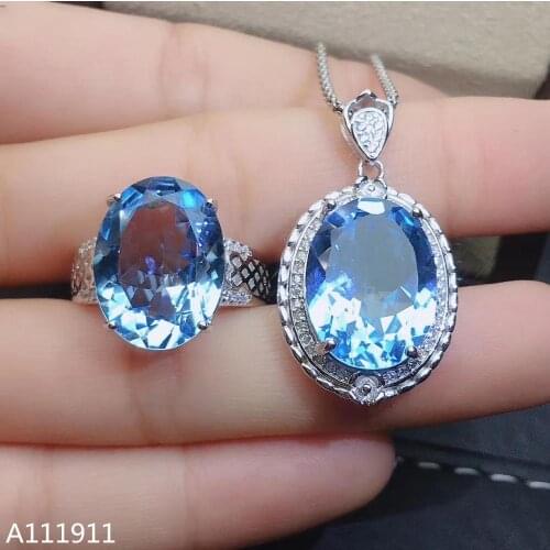 KJJEAXCMY fine jewelry 925 sterling silver inlaid Natural Blue topaz classic pendant ring Womens set support detection trendy