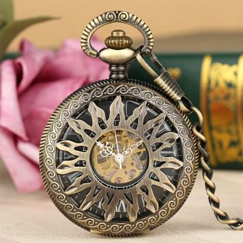 Hollow Sun Flower Pattern Mechanical Hand-Wind Pocket Watch Roman Numerals Manual Machinery Chain Pocket Clock Pendant Timepiece