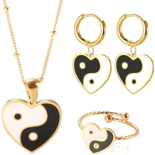 Fashion Luxury Yin Yang Colorful Enamel Jewelry Set, Love Heart Shape Pendant Necklace Earrings and Ring Women Jewelry Set Gift