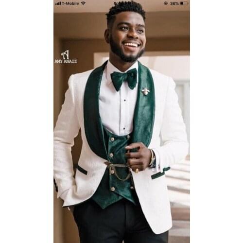 Fashion White Pattern Green Velvet Vest Black Pant Groom Slim Fit Tuxedos Wedding 3 Pieces Prom Party Blazer Terno Masculino