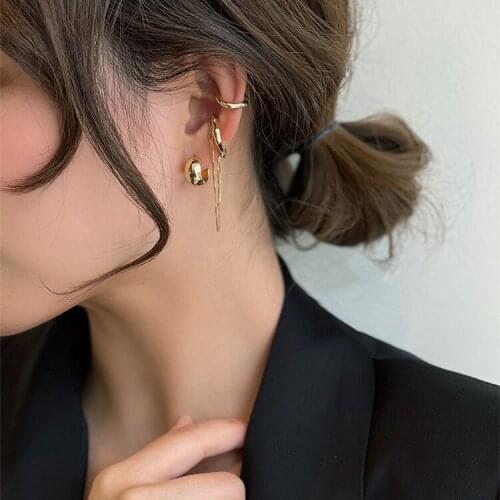 Chain Tassel Ear Clip Earrings Set Womens Korean Style Simple All-match Light Luxury Temperament Ear Studs Earrings