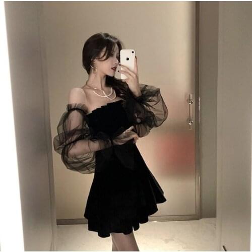 New 2021 Black Retro Dress Women Lace Chiffon Mini Dress Female High Street Sexy Korean Fashion Dress Women Club Dress