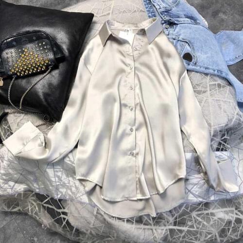 New Spring Autumn Women Fashion Long Sleeves Satin Blouse Vintage Femme High Street Shirts Elegant Imitation Silk Blouses X258