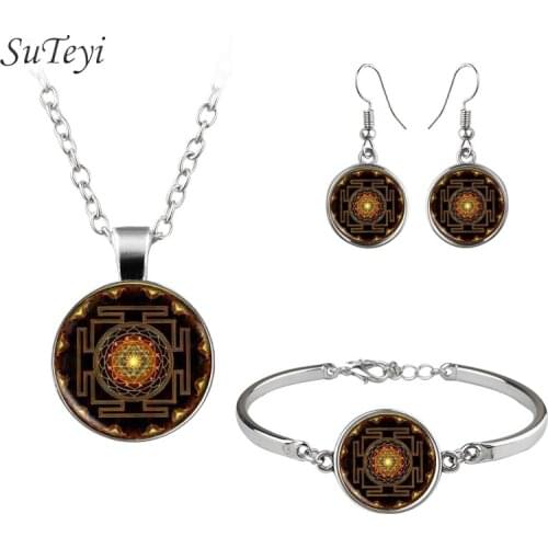 SUTEYI Indian Sri Yantra Necklace Sets Sacred Geometry Necklace Women Earrings Glass Dome Zen Buddhist Jewelry Set