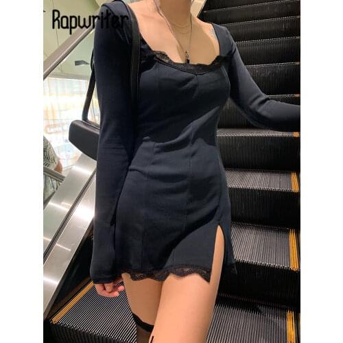 Sexy Lace Patched Black Womens Mini Wrap Dress Long-Sleeve 2020 Vintage Square Collar Split Short White Party Christmas Dresses