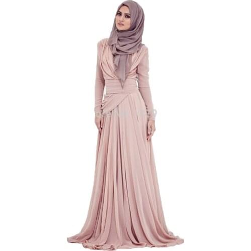 Champagne Muslim Evening Dresses A-line Long Sleeves Chiffon Scarf Islamic Dubai Kaftan Saudi Arabic Long Evening Gown