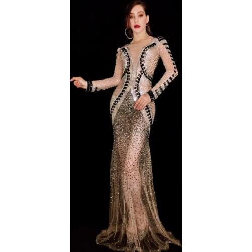 See Through Silver Black Rhinestones Dress Bar Birthday Celebrate Prom Dance Mesh Outfit Women Singer Dresses