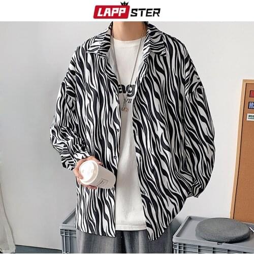 LAPPSTER Men Leopard Harajuku Causal Streetwear Shirts 2021 Mens Tie Dye Button Up Long Sleeve Shirts Male Vintage Black Shirts
