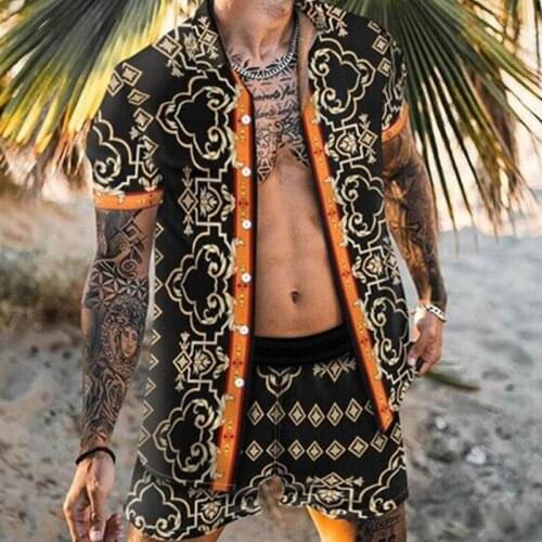 2021 Summer Hawaii Print Shirt Casual Beach Suit Mens Fashion Quick Dry Short Sleeve Tops + Cool Shorts Hot Sale Set Clothing