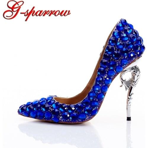 Gorgouse Royal Blue Color Stone Wedding Bride Shoes Customized Pointed Toe Thin Heel Bridal Dress Shoes Party Event Pumps