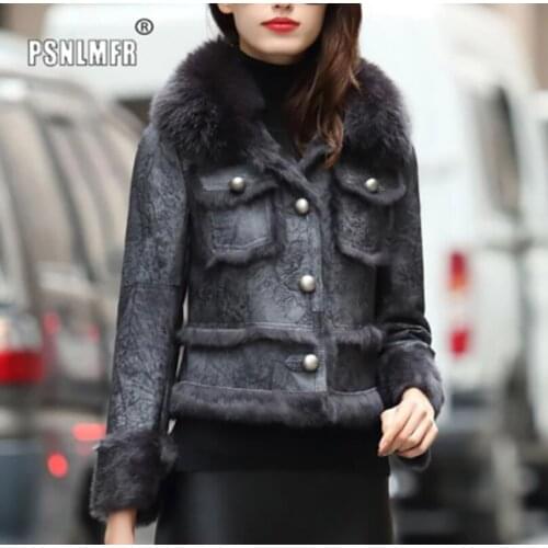 Women Winter Jacket Luxury Fox Fur Trim Collar Rabbit Fur Lining Leather Jackets Office Lady Short Outerwear Slim Coat