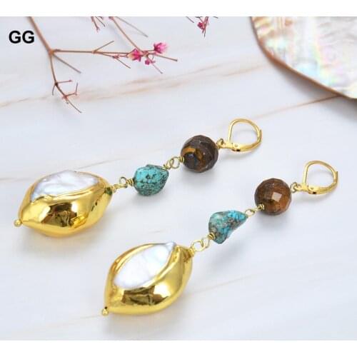 GuaiGuai Jewelry White Keshi Pearl Turquoise Gold Plated Yellow Tiger Eye Leverback Earrings