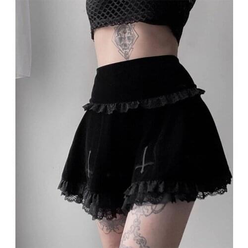 Women Dark Gothic Velvet Black Pleated Mini Skirt Punk Cross Embroidery Lace Trim Patchwork High Waist Flared Streetwear