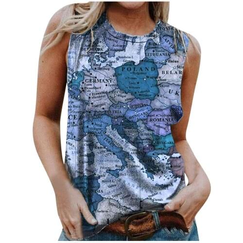 Women Plus-Size XL-5XL Vest Tops Casual Graphic Tunic Sleeveless Shirts Vintage World Map Print Pullover V Neck Tops Blouse