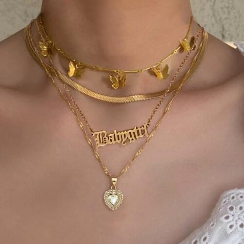 Caraquet Women Gold Color Multi Layer Choker Necklace Crystal Heart Babygirl Letter Butterfly Pendants Necklace Fashion Jewelry
