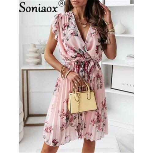 2021 Summer Ruffled Short-Sleeved V-Neck Digital Print Dress Women Fashion Boho Style A-Line Pleated Dress Femme Robe Vestidos