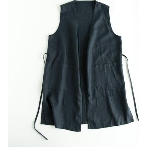 Pure linen vest, loose casual lace up cardigan, medium length slit, sleeveless vest, versatile womens spring and autumn 356